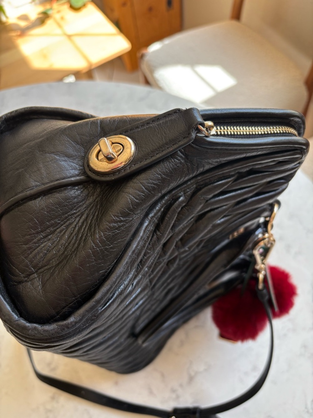 Coach Black Quilted Leather Shoulder Bag with Red Pom Pom Charm - Picture 3 of 12